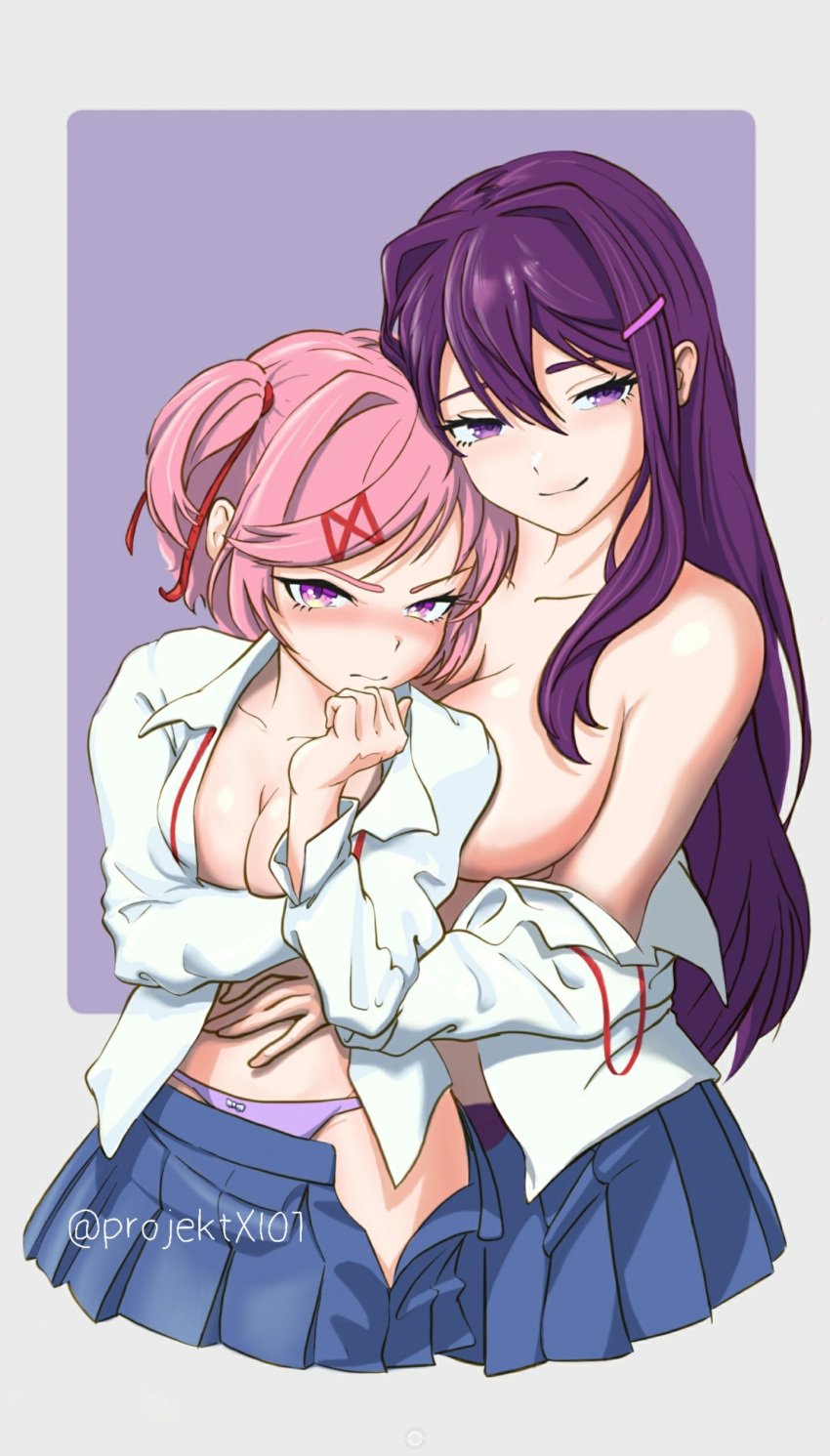 2025 2girls anime_style artist_name bare_shoulders breasts cleavage collarbone collared_shirt color doki_doki_literature_club embarrassed embarrassed_naked_female embarrassed_nude_female enf female female_only human human_only looking_at_viewer naked natsuki_(doki_doki_literature_club) nude panties pink_eyes pink_hair pleated_skirt projektxi01 purple_eyes purple_hair school_uniform simple_background skirt smile unbuttoned underwear yuri yuri_(doki_doki_literature_club)