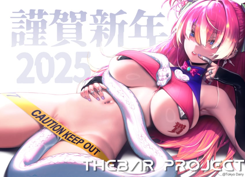 bilingual_commentary black_sleeves blue_eyes blush bow bowtie breast_tattoo breasts caution_tape chinese_commentary detached_sleeves english_commentary female fingernails hair_over_eyes happy_new_year kakuchou_no_ou large_breasts long_hair long_sleeves looking_at_viewer mixed-language_commentary nail_polish navel navel_piercing original piercing pink_bow pink_bowtie pink_hair pink_nails pink_shirt pussy pussy_peek shirt sleeves_past_wrists snake solo stomach tattoo thighs translation_request white_background