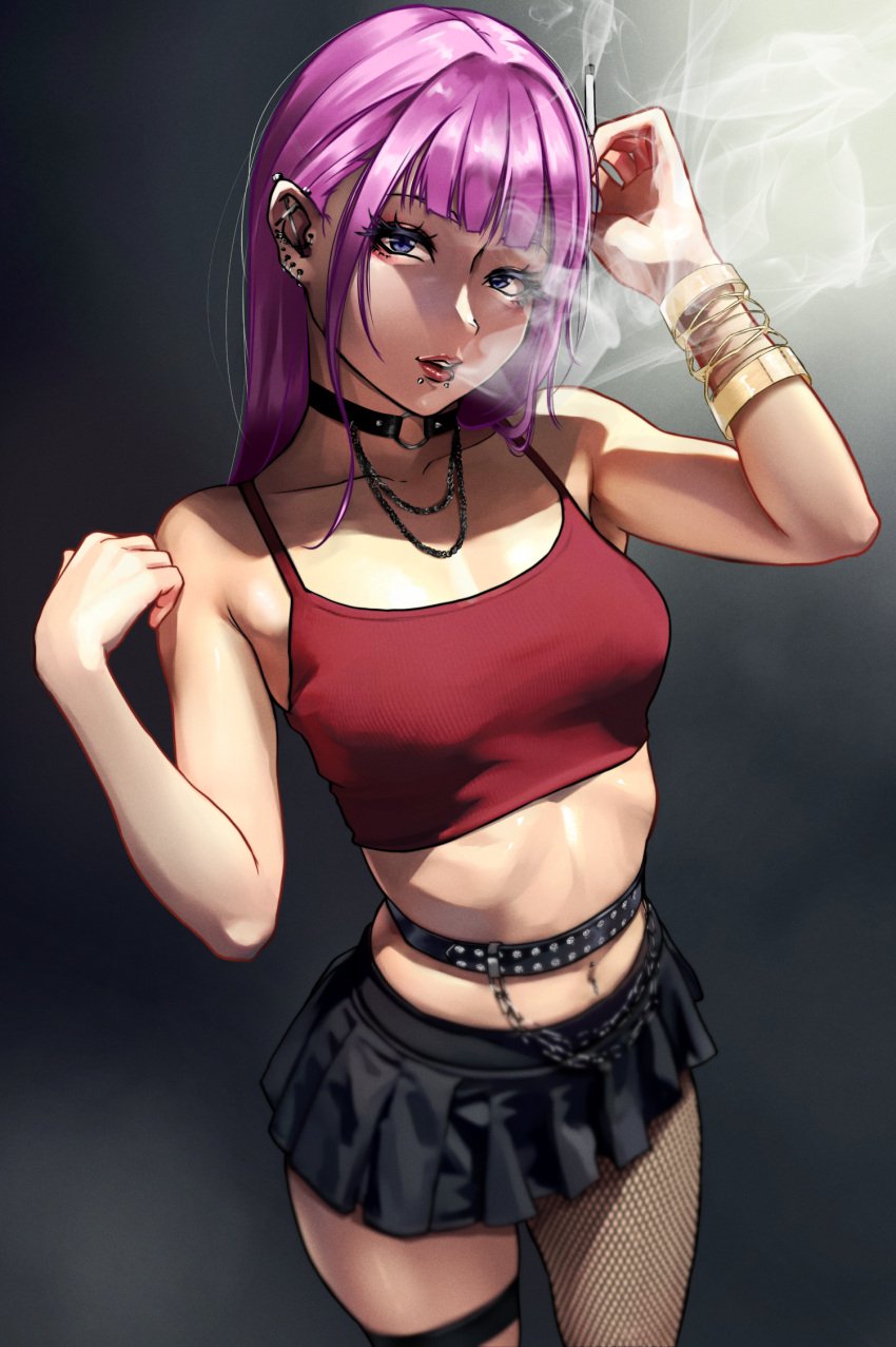 1girls arms_up bare_shoulders belly_button belly_piercing blue_eyes busty choker cigarette ear_piercing eyelashes fishnets looking_at_viewer magenta_hair miniskirt necklace open_mouth purple_hair red_clothing seductive smoke smoking smoking_cigarette solo solo_female spaghetti_strap waist_belt waist_chain wristwear