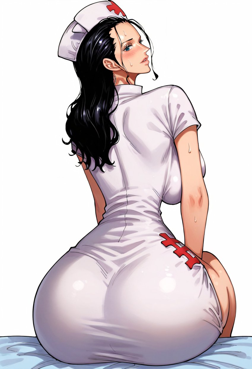 ai_generated alluring almost_naked almost_nude ass big big_breasts black_hair blue_eyes blush breasts female female_only long_hair looking_at_viewer nico_robin nico_robin_(one_piece) one_piece seductive_pose sexy_nurse white_clothes z4zt3l4 zaztela