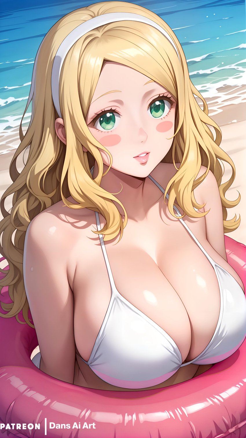 1girls ai_generated big_breasts blonde_hair carol_olston dans_ai female green_eyes huge_breasts large_breasts tomo-chan_wa_onna_no_ko