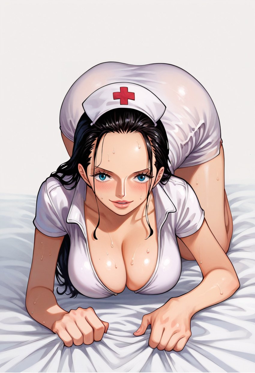 ai_generated alluring almost_naked almost_nude ass big big_breasts black_hair blue_eyes blush breasts female female_only long_hair looking_at_viewer nico_robin nico_robin_(one_piece) one_piece seductive_pose sexy_nurse white_clothes z4zt3l4 zaztela