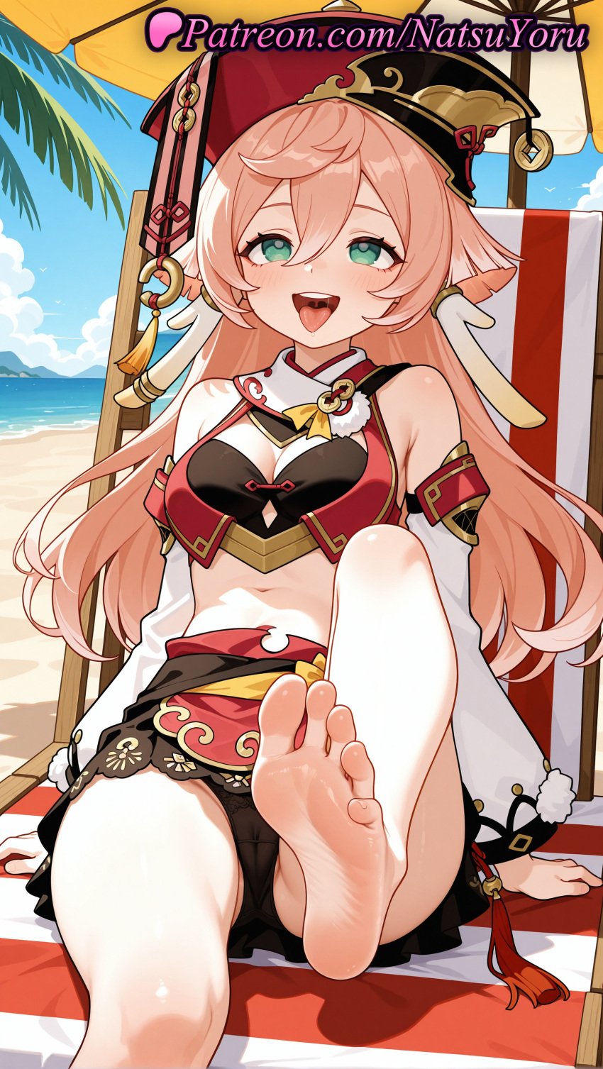 1girls ai_generated anime anime_style antlers arm_support armpit_crease asian bangs bare_legs bare_shoulders barefoot beach beach_chair beach_umbrella bikini black_bra black_panties blue_sky blush bra breasts bust busty cameltoe cleavage cleavage_cutout cloud crop_top day detached_sleeves feet female female_focus female_only foot_fetish foot_focus foot_out_of_frame foreshortening genshin_impact green_eyes hair_between_eyes hat hentai hi_res high_quality high_resolution highres horns knee_up legs long_hair long_sleeves looking_at_viewer midriff miniskirt natsuyoru navel ocean open_mouth outdoors panties pantsu patreon pink_hair pov_feet presenting_foot red_headwear red_skirt sand sitting skirt sky small_breasts smile soles solo solo_female stomach teeth thighs toenails toes tongue tongue_out umbrella underwear upper_teeth_only voluptuous voluptuous_female water white_sleeves yanfei_(genshin_impact)