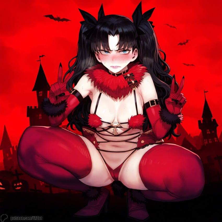 1-a_dot 1girls ai_generated black_hair blush dangerous_beast fate/stay_night fate_(series) halloween thighhighs tohsaka_rin