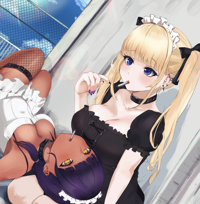 2girls black_clothing blonde_hair blue_eyes cigarette cigarette_in_mouth cleavage collar cross-eyed dark_skin ear_piercing female_only fishnets head_on_lap large_breasts laying_down lolita_fashion maid maid_headdress nails outside painted_nails purple_hair ribbon san6ko0nie sitting skirt smoke smoking smoking_cigarette white_clothing yellow_eyes