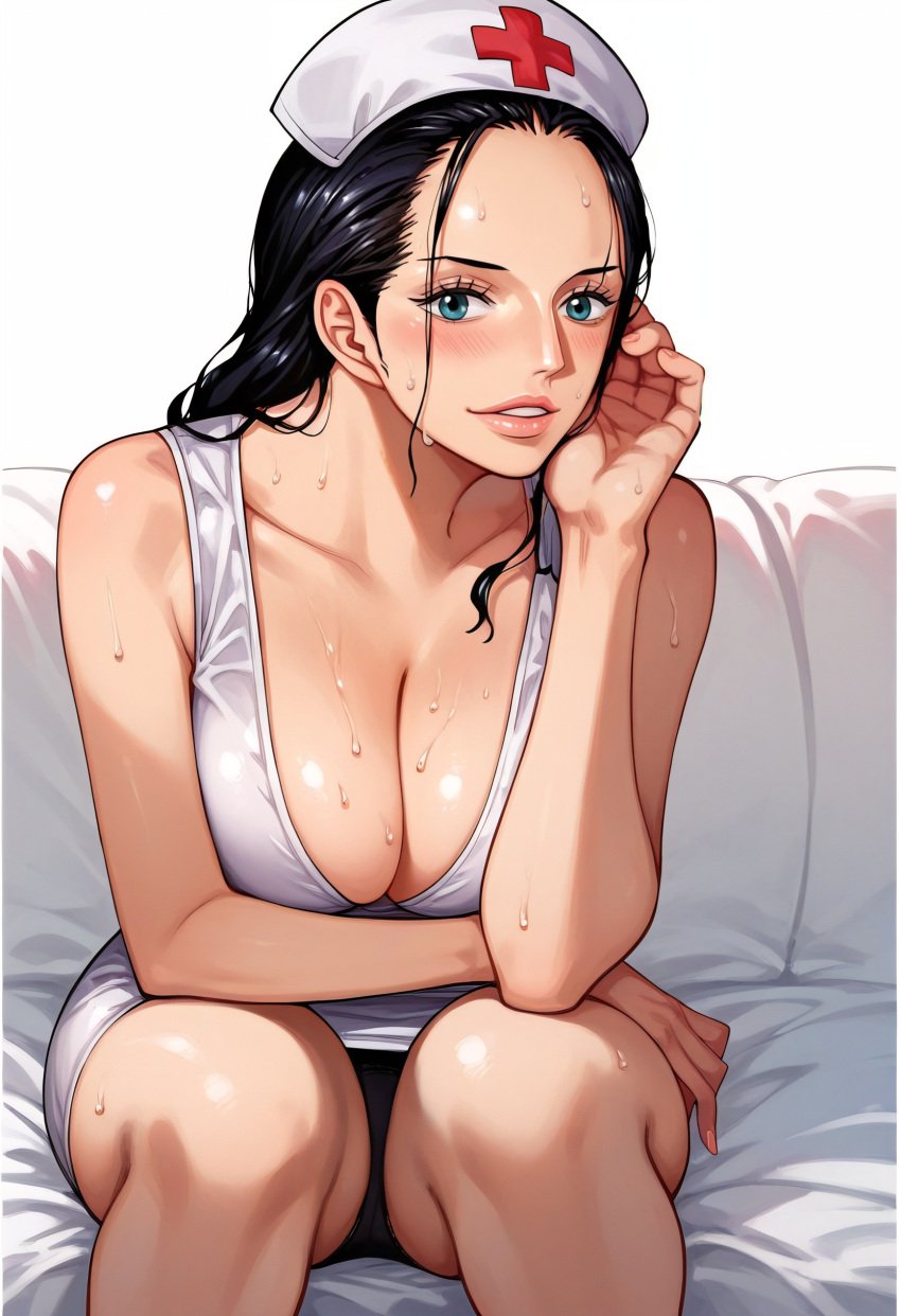 ai_generated alluring almost_naked almost_nude ass big big_breasts black_hair blue_eyes blush breasts female female_only long_hair looking_at_viewer nico_robin nico_robin_(one_piece) one_piece seductive_pose sexy_nurse white_clothes z4zt3l4 zaztela