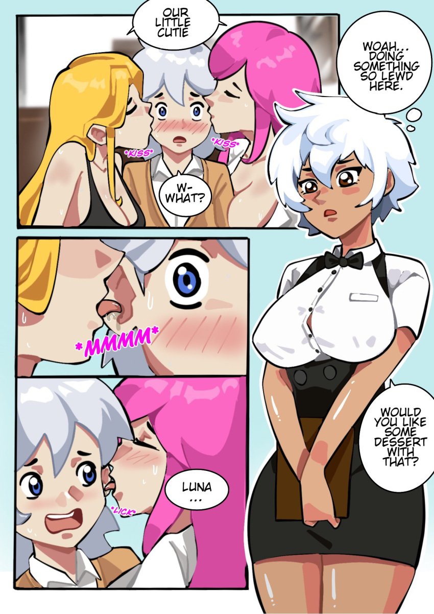 age_difference blonde_hair blonde_hair blue_eyes brown_body brown_eyes ear_licking oc pink_hair provocative seductive selvish94 size_difference white_hair yellow_hair