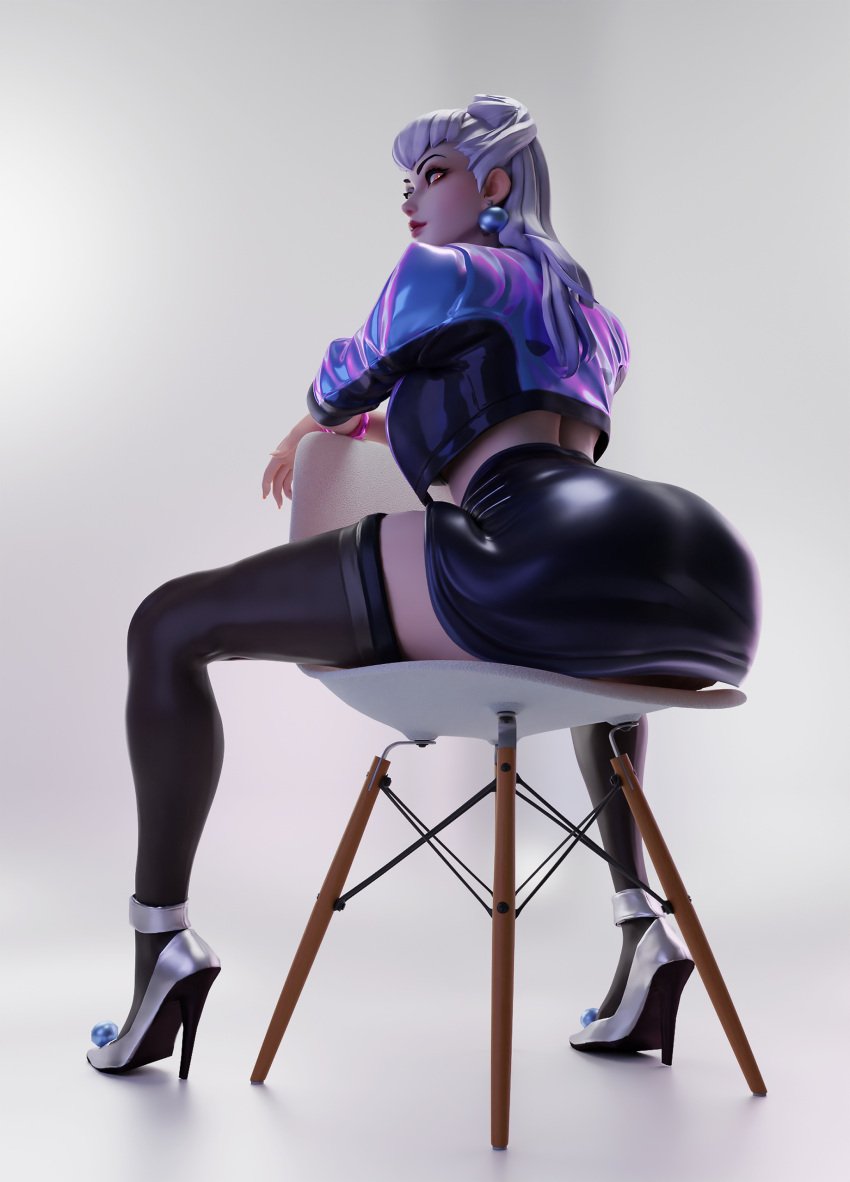 1girls 3d ass ass_focus black_skirt chair_position clothed clothed_female evelynn female female_focus female_only from_below from_below_view geone1 high_heels k/da_all_out_evelynn k/da_all_out_series league_of_legends looking_back low-angle_view reverse_chair_position riot_games skirt stockings