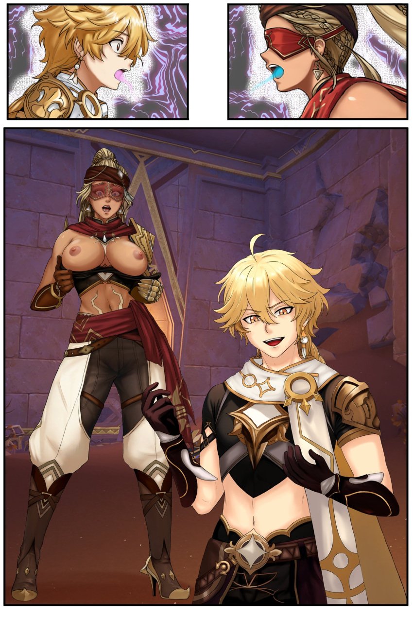 aether_(genshin_impact) areola areolae belly_button blindfold blonde_hair body_swap body_switch bodyswap breasts_out dark-skinned_female dark_skin eremite_(genshin_impact) eremite_galehunter_(genshin_impact) genderswap_(ftm) genderswap_(mtf) genshin_impact male/female nipples rule_63 soul surprised