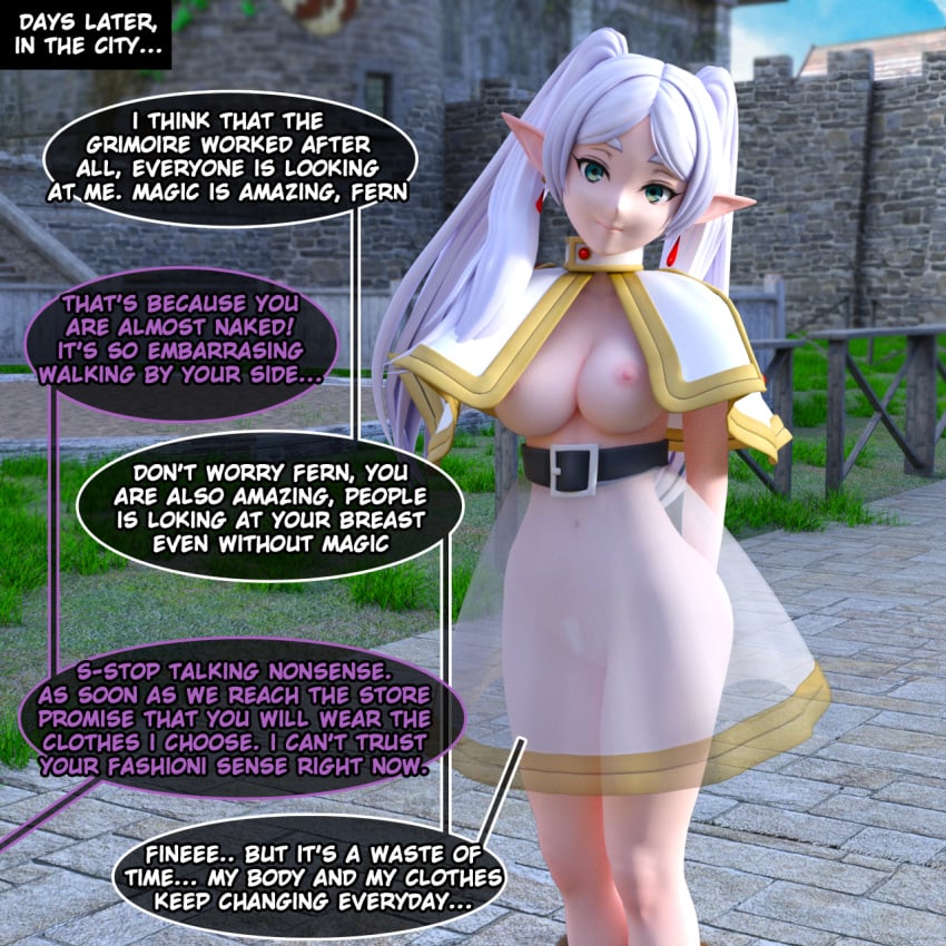 3d big_breasts bimbofication brain_drain breast_expansion comic elf_ears english_text frieren grakio large_breasts magic mental_transformation mid-transformation sousou_no_frieren text topless transformation twintails white_hair