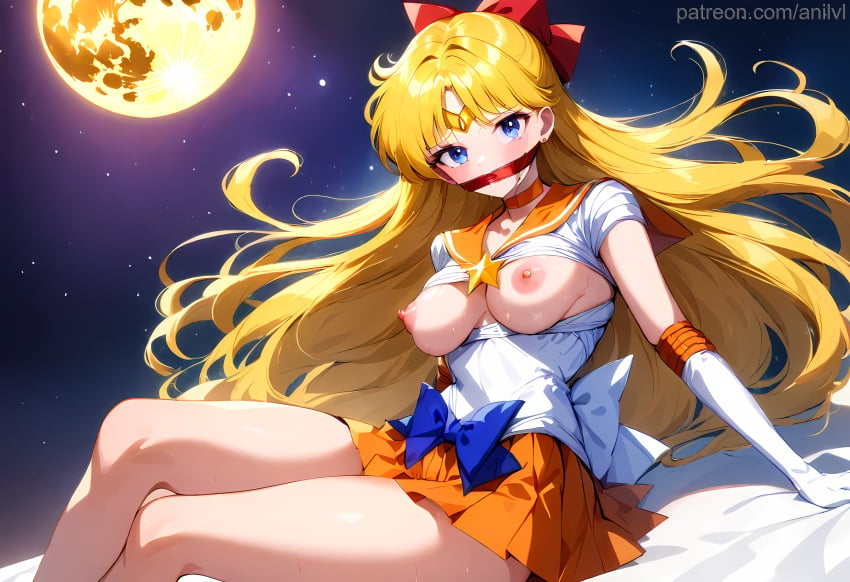 1girls ai_generated anilvl arm_support back_bow bangs big_breasts bishoujo_senshi_sailor_moon blonde_hair blue_bow blue_eyes blush bow breasts breasts_apart breasts_out choker circlet cleave_gag cloth_gag clothes_lift clothing collarbone crossed_legs earrings elbow_gloves feet_out_of_frame full_moon gag gagged gloves hairbow jewelry large_breasts leotard long_hair looking_at_viewer magical_girl medium_breasts miniskirt moon night night_sky nipples no_bra orange_choker orange_sailor_collar orange_skirt parted_bangs pleated_skirt red_bow sailor_collar sailor_senshi_uniform sailor_venus shiny shiny_skin shirt shirt_lift short_sleeves sitting skirt sky small_breasts solo star_(sky) star_(symbol) star_choker star_earrings starry_sky sweat tears thighs tiara torn_clothes very_long_hair white_gloves white_leotard white_shirt