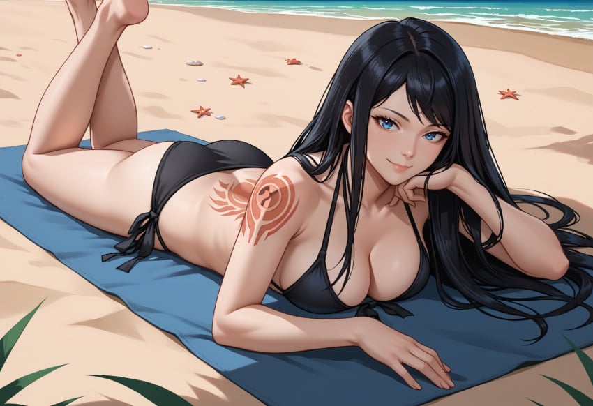 ai_generated ass beach bikini black_hair blue_eyes breasts castlevania castlevania:_order_of_ecclesia long_hair looking_at_viewer lying shanoa shoulder_tuft