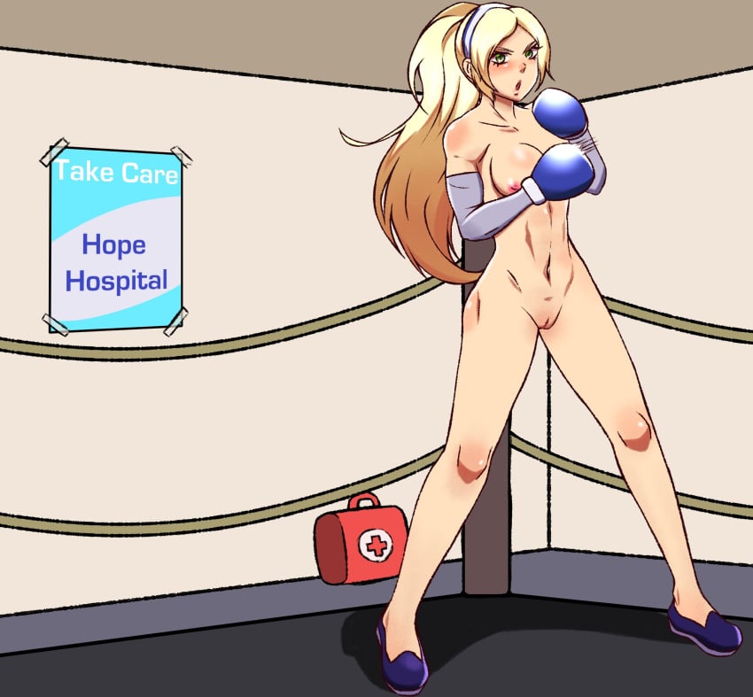 arm_warmers blonde_hair blue_footwear boxing boxing_gloves boxing_ring chou_shittou_caduceus completely_nude english_text female first_aid_kit grey_eyes highres naked_footwear nude ponytail poster_(object) tonegawa_anju vaicupcakes