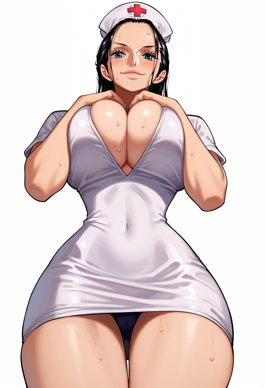 ai_generated alluring almost_naked almost_nude ass big big_breasts black_hair blue_eyes blush breasts female female_only long_hair looking_at_viewer nico_robin nico_robin_(one_piece) one_piece seductive_pose sexy_nurse white_clothes z4zt3l4 zaztela