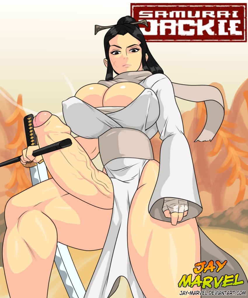 1futa asian big_breasts big_penis black_eyes black_hair breasts cleavage erect_nipples erection foreskin futa_only futanari hair hair_ornament intersex jay-marvel katana kimono long_hair penis penis_out samurai_jack samurai_jackie samurai_jacqueline scar scarf solo_futa standing sword weapon