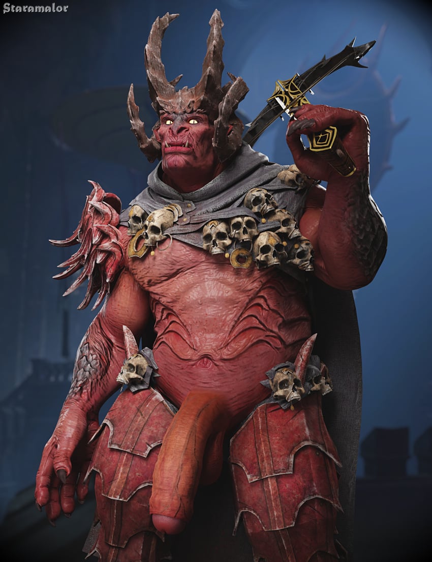 3d_(artwork) armor baldur's_gate baldur's_gate_3 big_balls big_penis bright_eyes demon dungeons_and_dragons flaccid humanoid looking_at_viewer male male_only mostly_nude red_body solo thick_penis veiny_penis yurgir yurgir_(baldur's_gate)