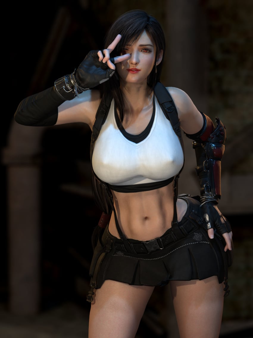 1girls 3d big_breasts black_hair female female_focus female_only final_fantasy final_fantasy_vii final_fantasy_vii_remake fit fit_female front_view geone1 large_breasts light-skinned_female light_skin looking_at_viewer nipples_visible_through_clothing one_eye_closed peace_sign red_eyes square_enix tifa_lockhart v