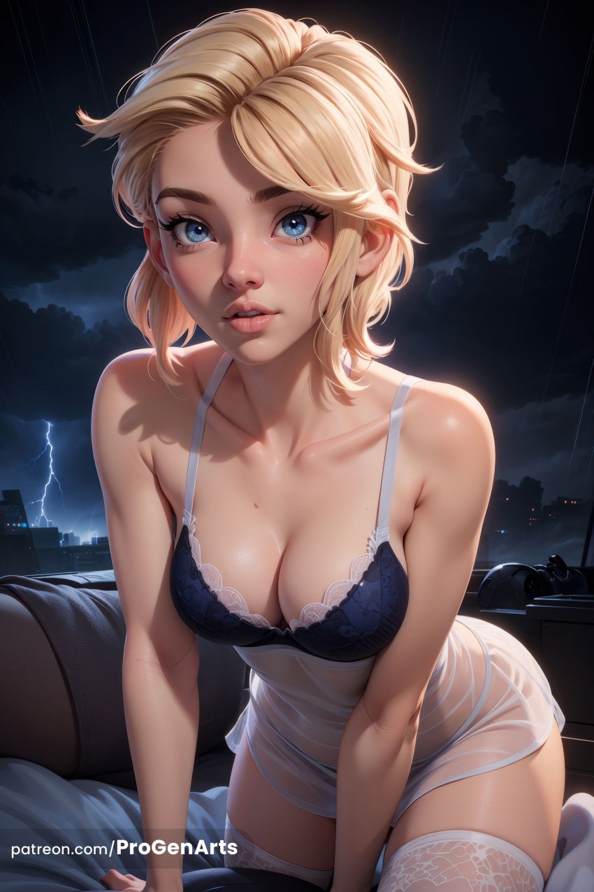 1girls ai_generated artist_name bare_shoulders bed blonde_hair blue_bra blue_eyes bra breasts cleavage cloud collarbone freckles gwen_stacy gwen_stacy_(spider-verse) hi_res kneeling lightning lingerie lips looking_at_viewer medium_breasts night nose panties parted_lips patreon_username progenarts rain see-through short_hair sky solo spider-gwen spider-man:_across_the_spider-verse spider-man:_into_the_spider-verse spider-man_(series) spider_girl thighhighs underwear web_address white_thighhighs