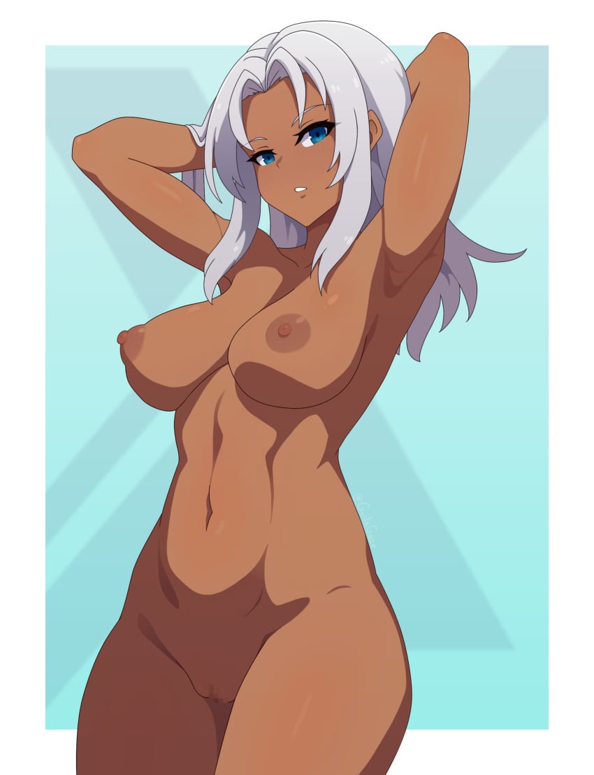 1girls absurdres arms_up big_breasts blue_eyes breasts censored completely_nude dark-skinned_female dark_skin elma_(xenoblade_x) female guilegaze highres large_breasts long_hair looking_at_viewer mosaic_censoring nipples nude open_mouth simple_background solo ssy standing white_hair xenoblade_(series) xenoblade_chronicles_x