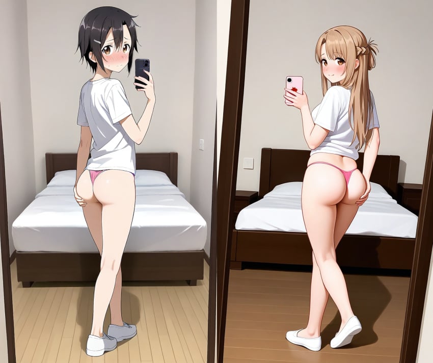 ai_generated ass ass big_ass black_hair blush brown_hair cute embarrassed embarrassed_male femboy hand_on_butt kirigaya_kazuto kirito kirito_(sao-ggo) looking_at_viewer petite petite_body petite_femboy petite_male pink_thong pretty_boy selfie selfie_pose short_hair shy standing sword_art_online thong tights trap white_shirt yuuki_asuna zoner_check