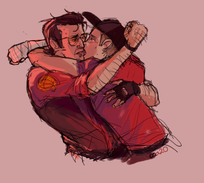 gay kissing male scout_(team_fortress_2) slight_blush sniper_(team_fortress_2) team_fortress_2 tf2