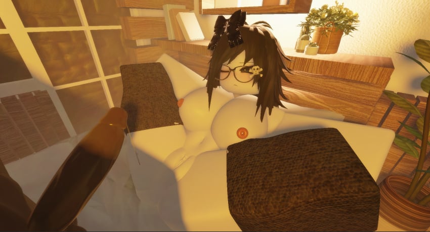 1boy 1boy1girl 1girls 3d bed bedroom big_breasts black_hair black_penis bow dark-skinned_male glasses horny legs_apart legs_up naked naked_female on_bed penis roblox roblox_avatar roblox_studio robloxian stockings urmika wet white_body white_skin