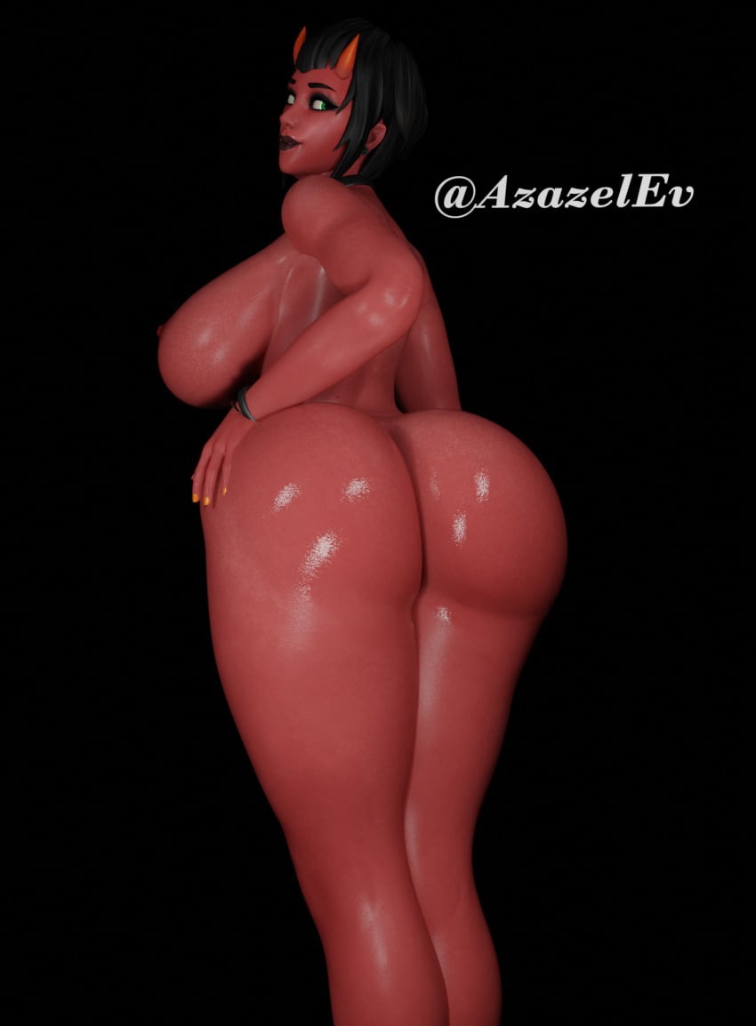 azazelev big_ass big_breasts black_hair black_lipstick demon_girl fortnite green_eyes malice_(fortnite) nude red_skin seductive_look shiny_skin short_hair succubus