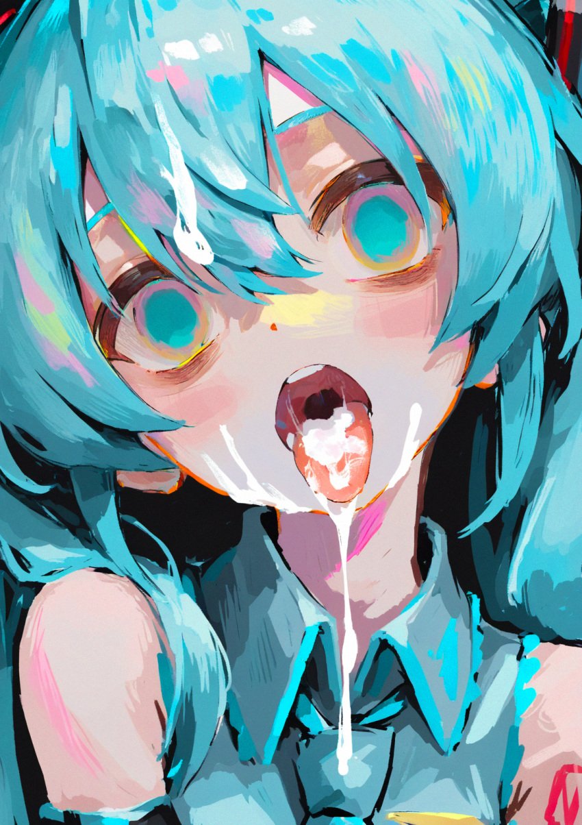 1girls ai_generated bangs bare_shoulders blank_eyes blank_stare blue_eyes blue_hair blush collared_shirt cum cum_drip cum_dripping cum_dripping_from_mouth cum_in_mouth cyan_hair hatsune_miku looking_at_viewer naked open_mouth smaller_female solo solo_female twintails