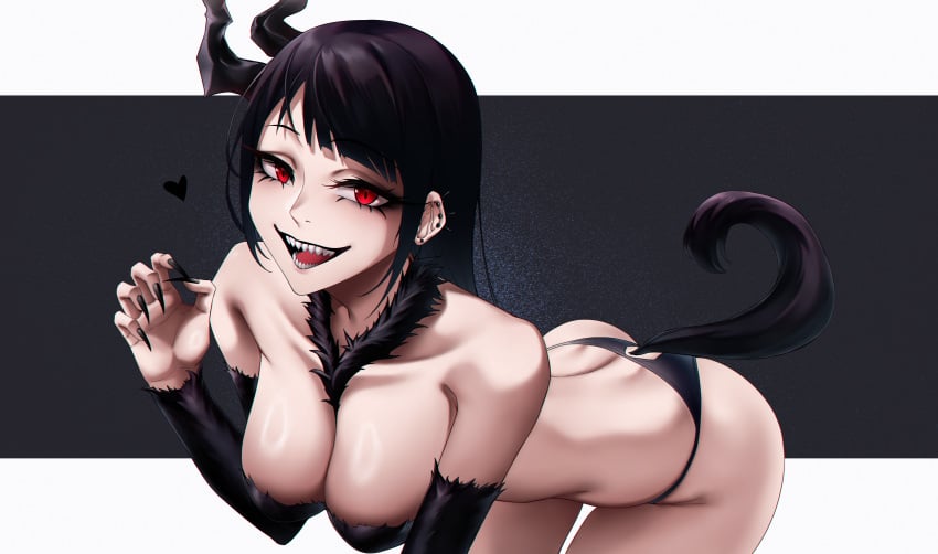 1girls bare_shoulders behemoth_(nikke) big_breasts bikini black_hair black_horns black_nails breasts cojohn commentary_request eye_makeup goddess_of_victory:_nikke highres large_breasts looking_at_viewer nail_polish open_mouth red_eyes sharp_teeth smile tail teeth