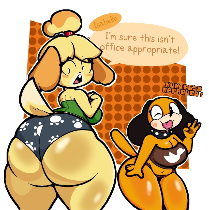 animal_crossing anthro big_ass big_breasts breasts bubble_butt cleavage duck_hunt duck_hunt_dog female furry huge_ass huge_breasts huntress_(lewdewott) isabelle_(animal_crossing) lewdewott tagme thick_thighs wide_hips