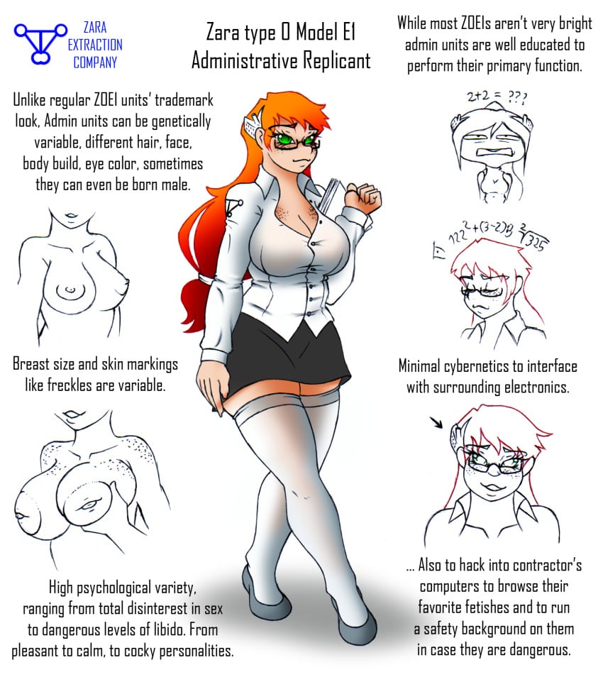 1boy 1girls ballerina_shoes big_breasts character_sheet clone costume cybernetics description english_text female freckles freckles_on_breasts freckles_on_face galejro ginger ginger_hair glasses green_eyes huge_breasts inverted_nipples kneesocks large_areolae large_breasts long_gloves long_hair oc office office_clothing office_lady oiled oiled_skin original_character red_hair serial_number shirt smile smiling stockings swimsuit tights transparent_clothing zoei(galejro)