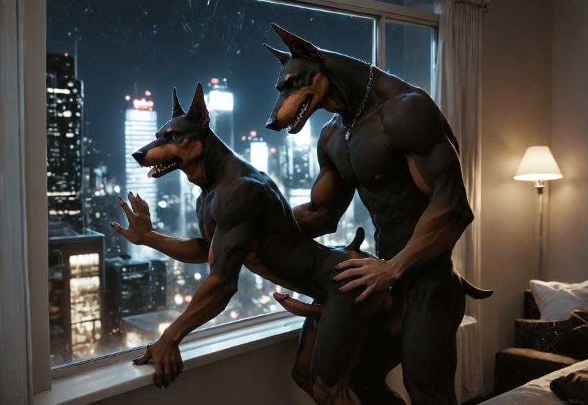 ai_generated anal anal_sex anthro ass aurugy bent_over butt_grab canid canine canis detailed dobermann domestic_dog duo erection from_behind_position furry gay genitals hand_on_butt hi_res inside leaning leaning_on_wall looking_away male male/male mammal night nude penetration penis pinscher realistic sex size_difference standing standing_doggystyle standing_sex window