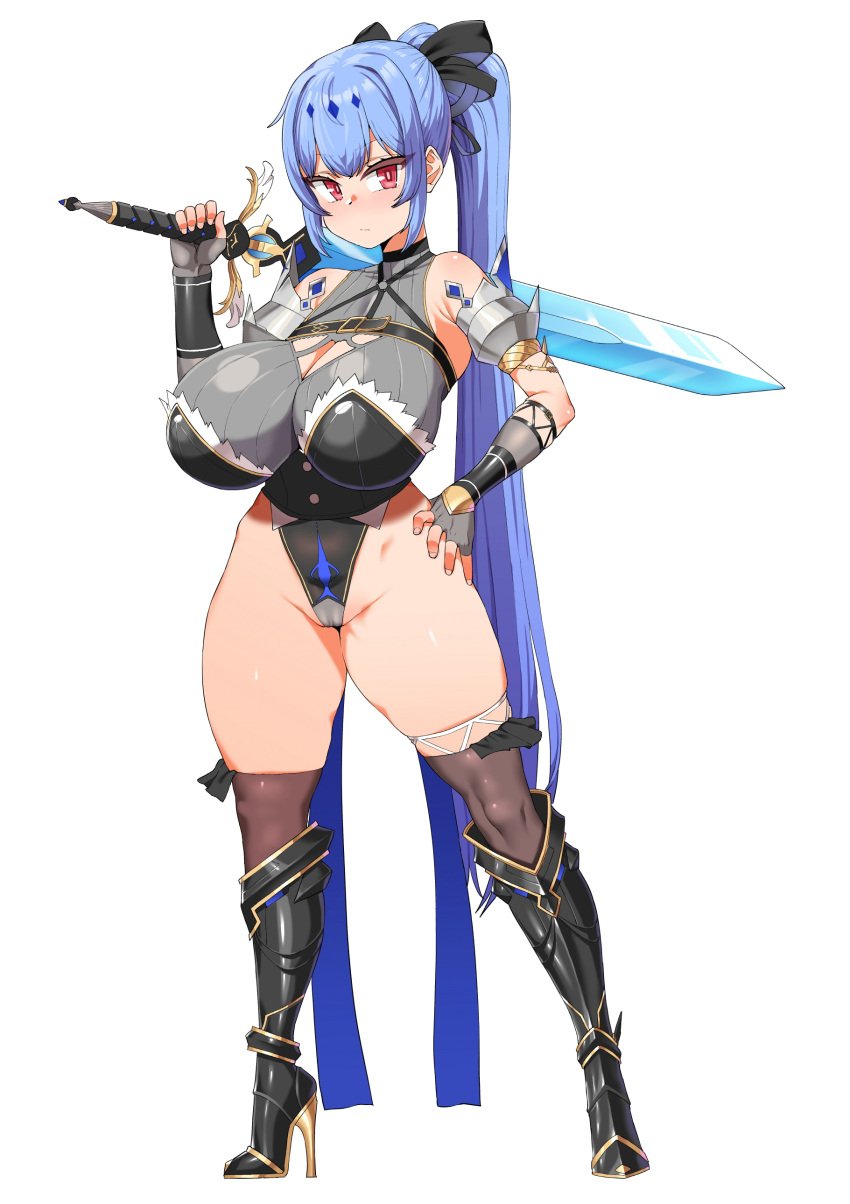 1girls armored_boots armpit_crease asymmetrical_legwear blue_hair breasts busty cameltoe chest_strap cleavage cleavage_cutout closed_mouth clothing_cutout curvy epic7 era_(erasion) eyebrows_visible_through_hair female female_only full_body hair_between_eyes hand_on_hip high_heel_boots high_heels holding_weapon huge_breasts leotard long_hair looking_at_viewer neutral_expression penelope_(epic7) ponytail red_eyes simple_background smh1069 solo sword thick_thighs thighhighs thighs tied_hair weapon weapon_over_shoulder white_background