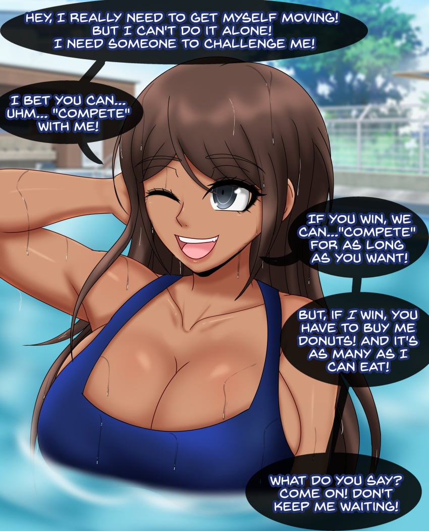 2024 asahina_aoi big_breasts black_eyes bravebengal breasts brown_body brown_hair brown_skin cleavage danganronpa danganronpa:_trigger_happy_havoc dark-skinned_female female female_focus female_only long_hair one_eye_closed pool swimming swimsuit text text_bubble