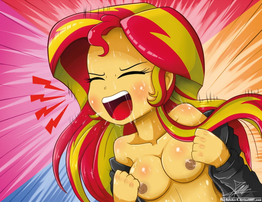 breasts equestria_girls female friendship_is_magic green_eyes my_little_pony nipples open_clothes open_mouth sunset_shimmer sweat tagme the-butch-x the_butcher_(artist) two_tone_hair yelling