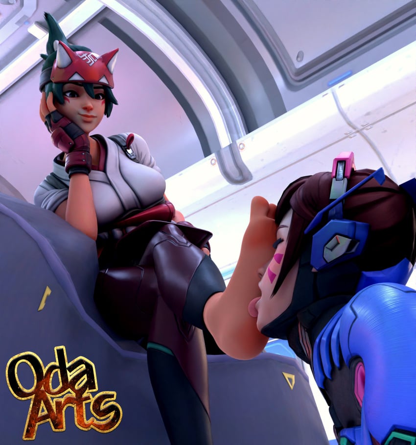 2girls 3d barefoot d.va feet feet_licking feet_on_face female female_only foot_fetish kiriko_(overwatch) licking licking_feet oda_arts overwatch overwatch_2 yuri