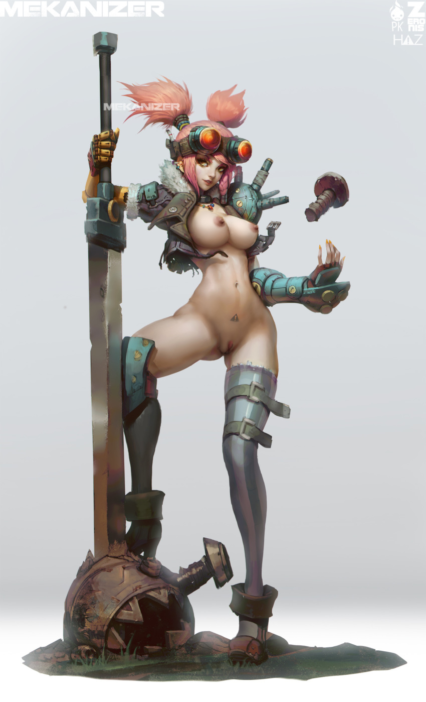 1girls breasts earrings female female_only fingerless_gloves gauntlets gloves goggles jacket large_breasts navel nipples open_clothes original paul_kwon pink_hair pussy solo standing sword tattoo tied_hair twintails uncensored weapon yellow_eyes zeronis