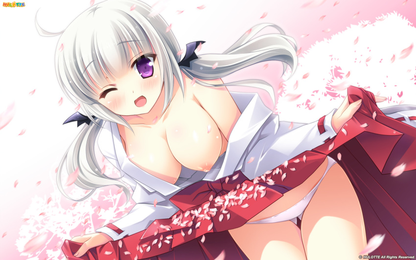 ;d breasts cherry_blossoms dress dress_lift female hakama highres ikegami_akane imouto_no_okage_de_mote_sugite_yabai japanese_clothes low_twintails miko nipples one_eye_closed open_mouth panties purple_eyes shiratori_kanae silver_hair smile tied_hair twintails underwear wallpaper white_panties wink