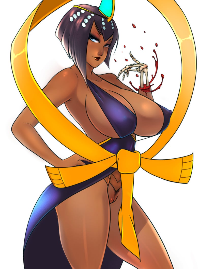 1girls black_hair blue_eyes bob_cut breasts cleavage dark-skinned_female dark_skin dress egyptian eliza_(skullgirls) female hair_ornament hand_on_hip large_breasts pubic_hair pussy short_hair skullgirls solo standing superboin uncensored