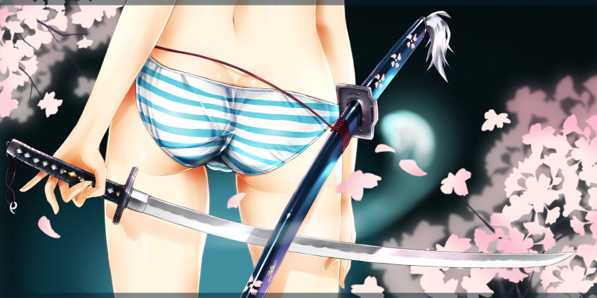 1girls ass cherry_blossoms cherry_trees close-up eru-sama female female_only from_behind highres katana magatama panties pinky_out scabbard sheathed solo standing striped striped_panties sword tassel thighs touhou underwear underwear_only unsheathed wallpaper weapon youmu_konpaku youmu_konpaku_(ghost)