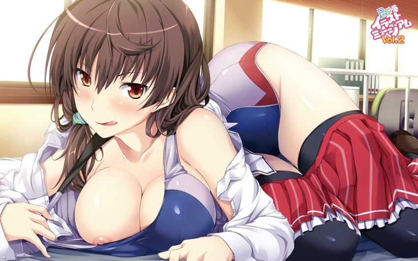 :q areola_slip areolae black_legwear blush breasts brown_eyes brown_hair cleavage collarbone competition_swimsuit female hair_over_shoulder highres hips large_breasts long_hair lying marushin_(denwa0214) nipple_slip nipples one-piece_swimsuit shinohara_katsumi skirt skirt_pull solo strap_pull supokon!_sports_wear_complex swimsuit swimsuit_under_clothes thighhighs tongue tongue_out wallpaper