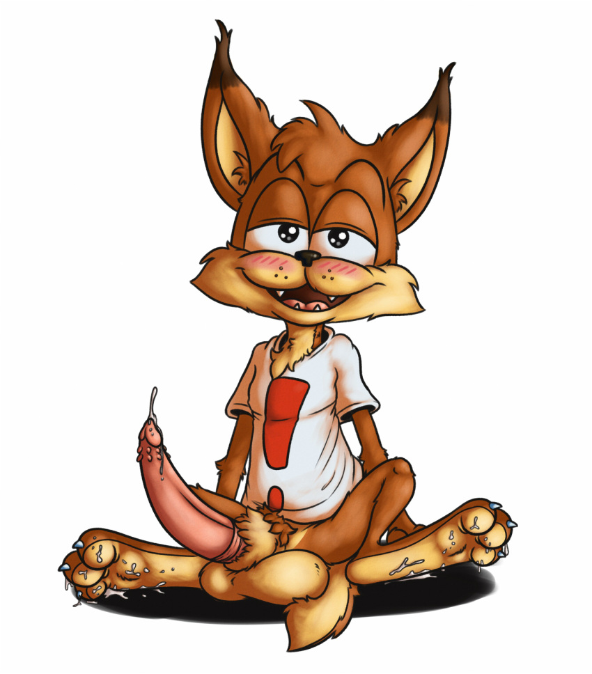 anthro blush bubsy cum cum_on_feet erection feline furry furry_only games male male_only sitting solo