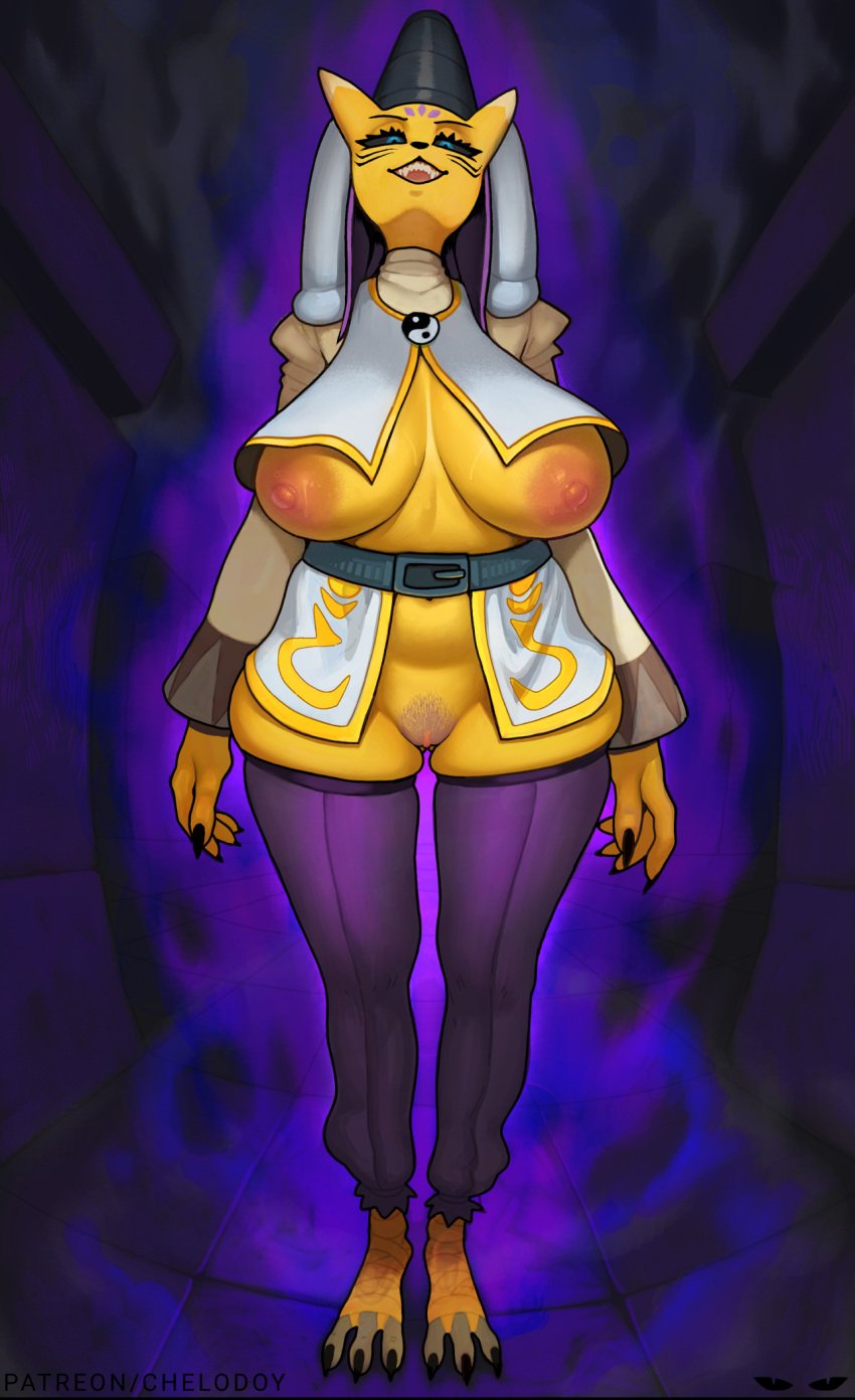 anthro areola bandai_namco barefoot biped black_nose blue_eyes breasts chelodoy clothing digimon digimon_(species) feet female fingers front_view genitals hi_res nipples open_mouth patreon purple_background pussy simple_background solo standing taomon teeth text url yellow_body