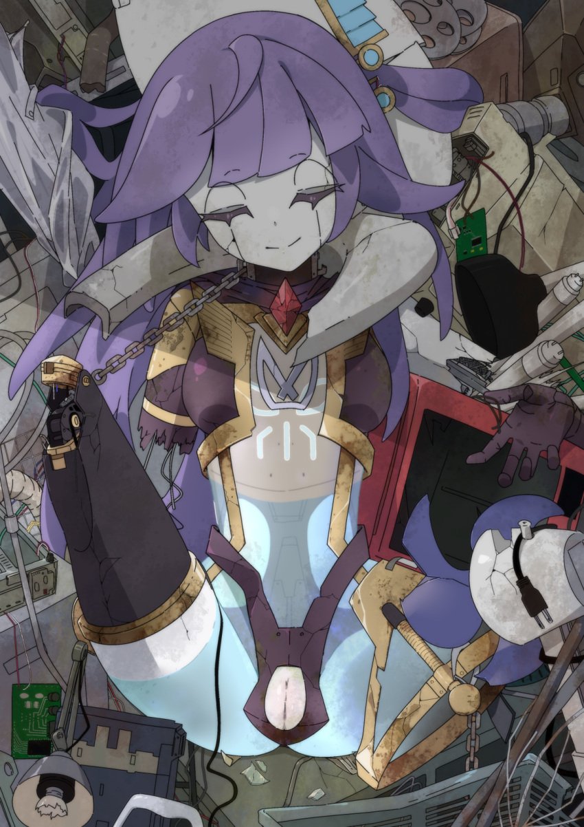 2d broken chains closed_eyes closed_mouth collar commentary_request cracked_skin duel_monster female galatea-i_the_orcust_automaton galatea_the_orcust_automaton gem highres humanoid_robot ib_(yu-gi-oh!) joints junk long_hair paid_reward_available purple_hair pussy robot robot_girl robot_joints see-through_body smile solo urasuka yu-gi-oh!