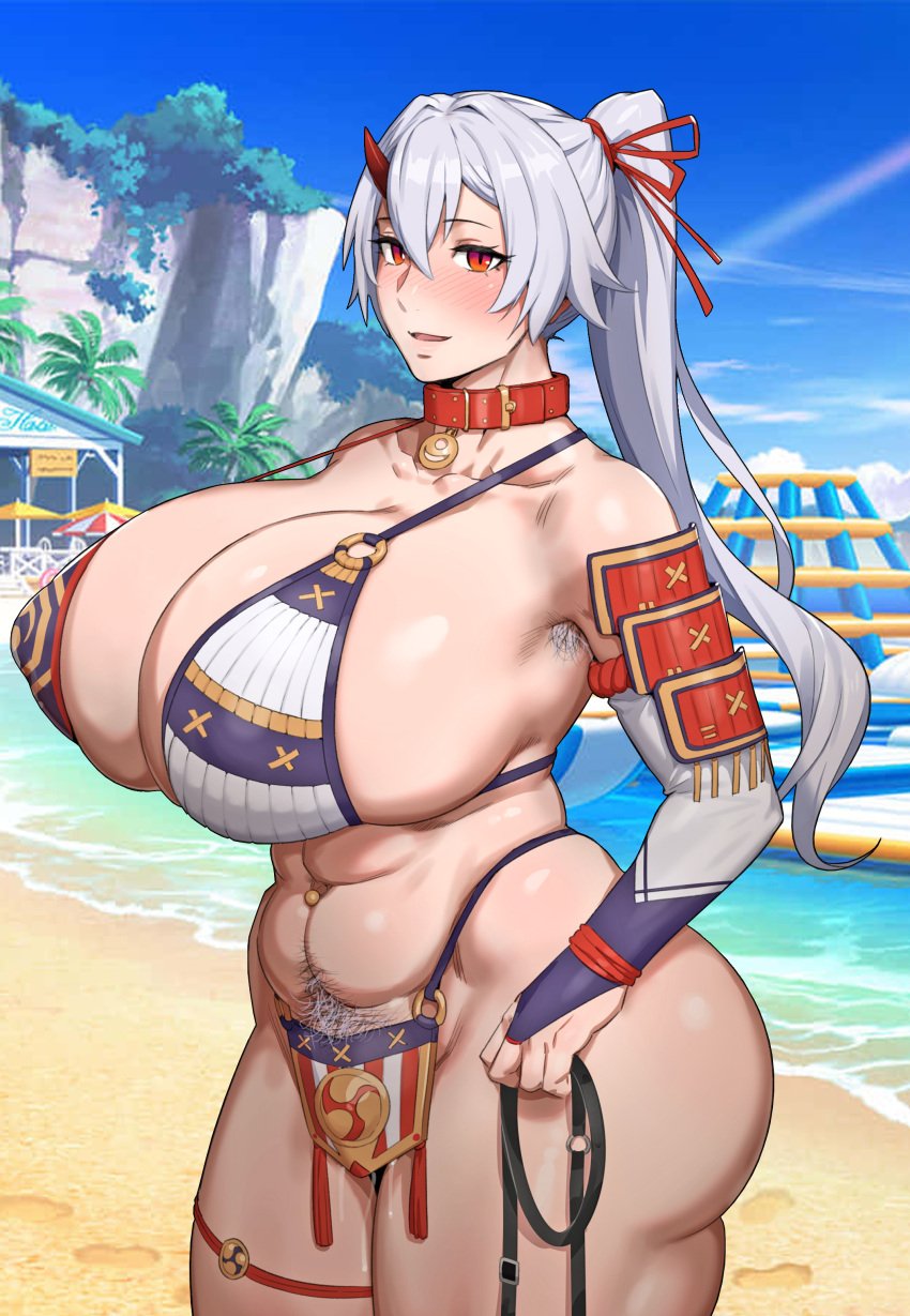 1girls 3rd_party_edit absurd_res armpit_hair ass ass barely_contained beach big_ass big_breasts blush breasts collar curvy curvy_body curvy_female curvy_figure edit edited fate/grand_order fate_(series) female female female_armpit_hair hairy_armpits happy_trail hips horn horns huge_ass huge_breasts kunaboto long_hair long_ponytail massive_breasts musclegut oni oni_female oni_horns outdoors ponytail pubic_hair red_eyes textless thick_thighs thighs tomoe_gozen_(fate) venus_body voluptuous voluptuous_female white_hair wide_hips