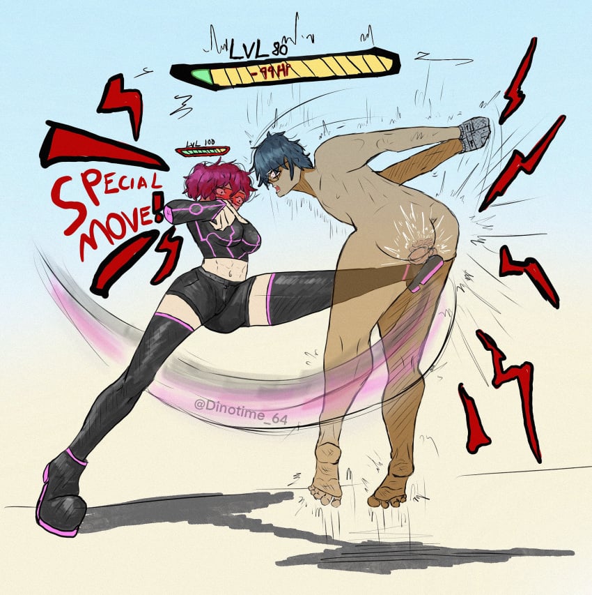 abs arms_behind_back arms_held_back asian_male athletic_female ballbusting balls bondage boots brown_skin dominant dominant_female dominatrix dyed_hair femdom fighting_game kicking kicking_balls muscular_female nude oc pink_hair short_hair skinny_male testicles thighhighs twink video_games visor x-ray