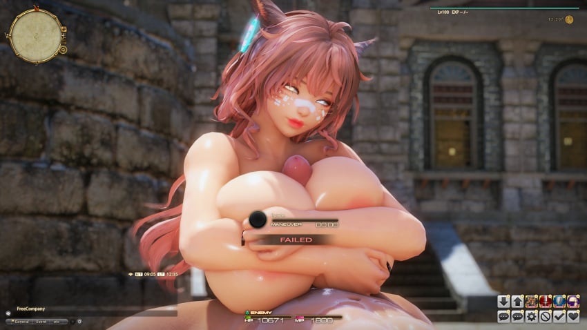 1girls 3d between_breasts big_breasts boobjob breasts_bigger_than_head cat_ears catgirl engulfing_paizuri facial_markings female final_fantasy_xiv gpose(ffxiv) happy_paizuri hud large_breasts miqo'te paizuri paizuri_hug paizuri_lead_by_female quartz_nsfw tagme