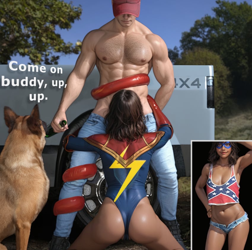 3d alcohol alternate_costume anonymous_male armpits arms_up ass ass blowjob breasts canine confederate_flag confederate_flag_shirt cutoffs dark-skinned_female dark_skin deepthroat drinking hdregrets heroine hotpants interracial jean_shorts kamala_khan marvel marvel_comics minishorts ms._marvel ms._marvel_(kamala_khan) muscular muscular_male on_knees open_clothing oral oral_sex outside public text