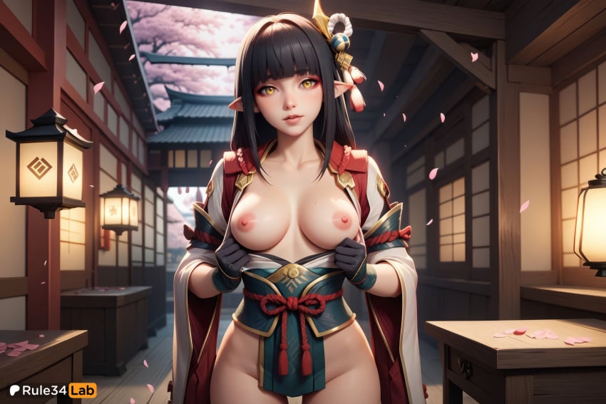 , 1girls ai_generated architecture black_gloves black_hair blunt_bangs breasts breasts_apart breasts_out capcom cherry_blossoms collarbone east_asian_architecture eyeshadow fewer_digits gloves groin hair_ornament hi_res hinoa indoors japanese_clothes kimono long_hair looking_at_viewer makeup medium_breasts minoto mole monster_hunter nipples no_bra no_panties obi open_clothes patreon_logo patreon_username petals pointy_ears rule34lab sash solo wide_sleeves wyverian yellow_eyes