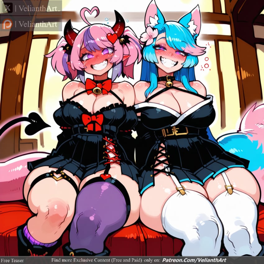 2girls ahoge ai_generated animal_ear_fluff animal_ears bare_shoulders bell belt black_dress blue_eyes blue_hair blush boots bow breasts choker classroom cleavage clenched_teeth curvy demon_girl demon_tail dress drooling female fox_tail garter_belt garter_straps grin hair_flower hair_ornament heart heart-shaped_pupils heart_tail horns indie_virtual_youtuber indoors ironmouse japanese_clothes knee_boots large_breasts long_hair mismatched_legwear multicolored_hair multiple_girls off_shoulder pink_eyes pink_hair pleated_skirt plump purple_eyes purple_legwear red_bow sharp_teeth short_hair silvervale sitting skindentation skirt smile symbol-shaped_pupils tagme tail teeth thick_thighs thigh_strap thighhighs thighs twintails two-tone_hair underwear velianthart virtual_youtuber vshojo vtuber window wolf_girl wolf_tail